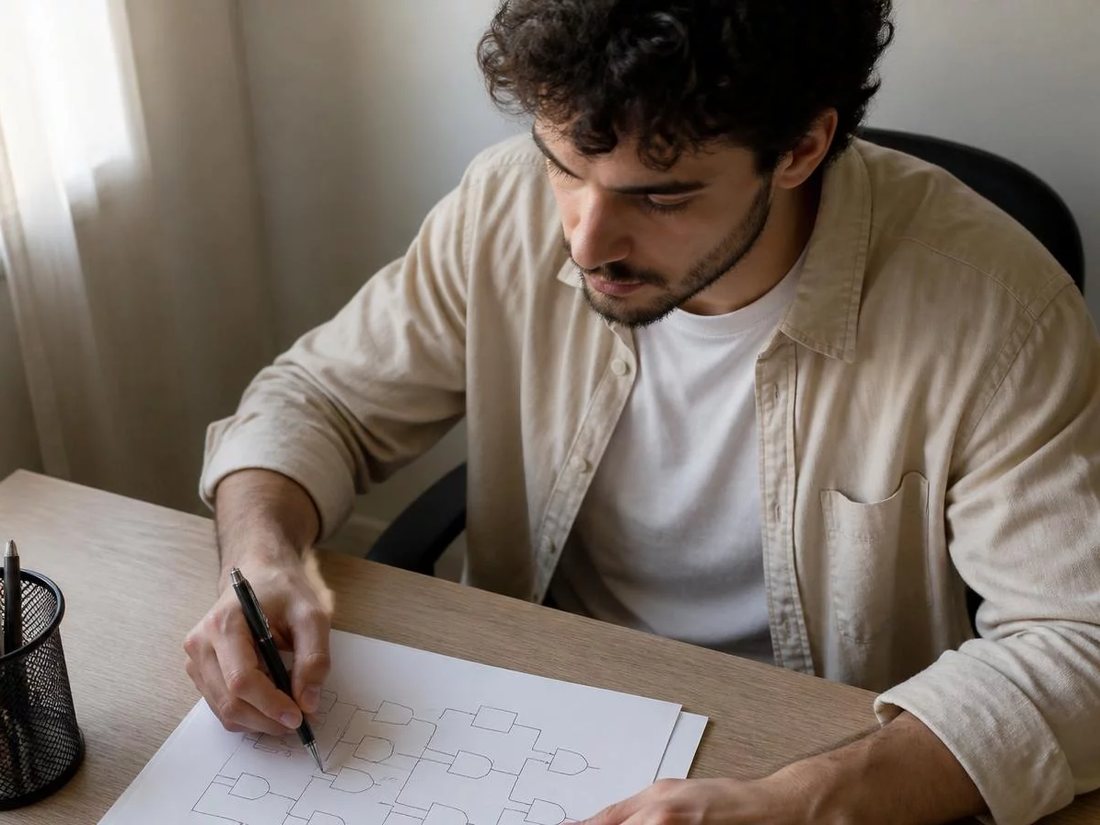 Duas pessoas relendo anotações num tablet apoiado numa mesa de madeira